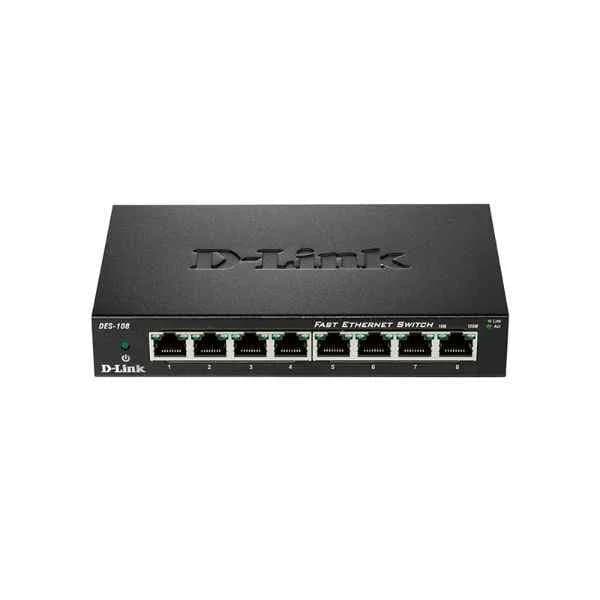 des-108 d-link ports: 8 100m electrical ports, backplane bandwidth: 1.6g, packet forwarding rate: 1.2m, size: 162x102x28mm (6.4 inches, iron case), power supply: dc 5v/0.55a external power supply, wall-mounted, non-network management switch