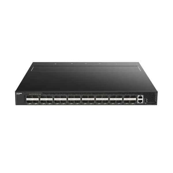 D-Link 32 40G QSFP+ optical ports, data center switch, support Leaf-Spine, Top-of-Rack (ToR) architecture, support OpenFlow, VXLAN, FCoE, DCB, support DLINK OS and third-party OS. Dual AC power supply modules, front and rear ventilation.