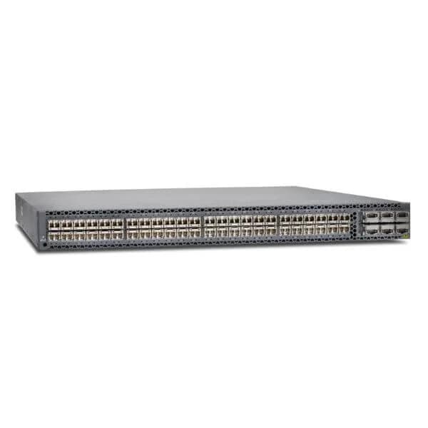 QFX5100, 48 SFP+/SFP ports, 6 QSFP+ ports, redundant fans, 2 DC power supplies, back to front airflow