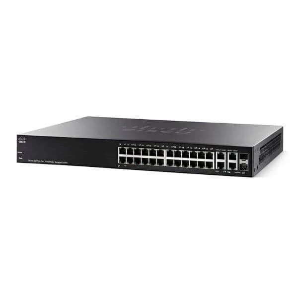 SF350-24 | 8 10/100 ports with 62W power budget, 2 Gigabit copper/SFP combo