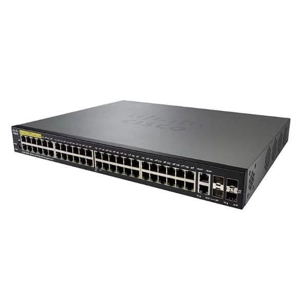 SF350-48MP | 24 10/100 PoE+ ports with 375W power budget, 2 Gigabit copper/SFP combo + 2 SFP ports