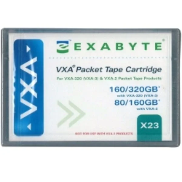 Certified Exabyte VXA Packet Tape Cartridge X23 230 Meter
Designed on Advanced Metal Evaporated Technology, the VXA X23 230 meter tape by Exabyte is the solution to all your data recording, restoring and archiving needs.

VXA X23 230 meter tape by Exabyte boasts a native capacity of 80 GB and a compressed capacity of up to 160 GB.
All its specifications combined make it the best bet for commercial users to revamp and upgrade their data back and restore mechanism.