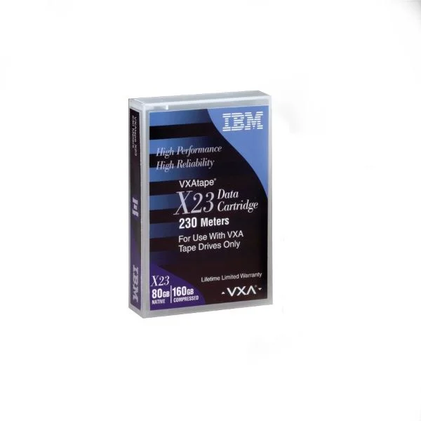 VXA Tape, 230 Meter IBM X23
Designed using the Advanced Metal Evaporated technology, the VXA X23 230 meter Tape by IBM is the next-gen tape storage media that’s compatible with advanced drive formats such as VXA-1 and VXA-320 only.

The tape cartridge boasts several cutting-edge specifications including an 80-GB native capacity, 160 GB compressed capacity, 230 meters length, and shelf life exceeding 30 years.
It has a durability rating of 20,000 passes, which makes it the ideal tape cartridge for you, especially if you have a lot of sensitive data to record, transfer, and store.
With a transfer speed of 6 to 12 MBs/sec, this tape drive will take your data backups and restore functions up a notch and eliminate the risk of data damage or loss while also optimizing performance and efficiency.