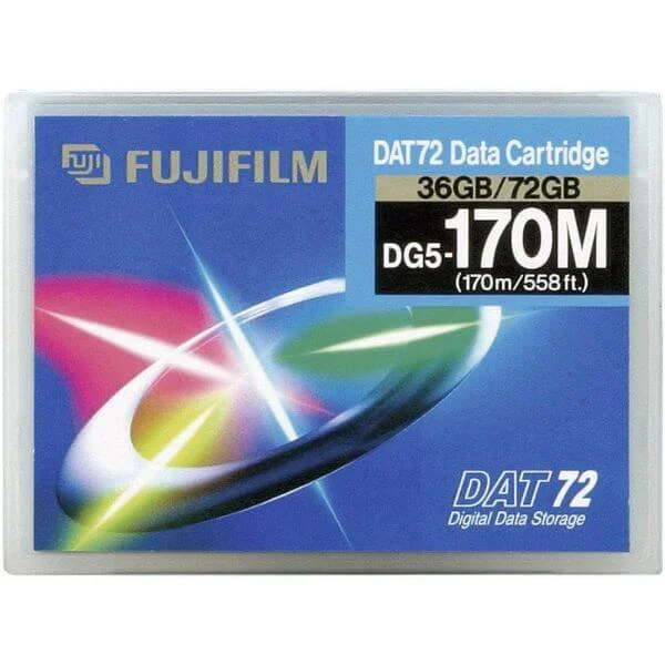 Fuji DDS-5, DAT 72, 36/72GB
Featuring 36 GB of native data storage and 72 GB of compressed data storage, the Fuji DDS 5 tape cartridge makes the storage of large amounts of off-line data easy.

Offers data transfer rate of 3.0 MB/second and a 5,000 head pass durability.
4mm Fuji tape cartridges are amazingly compact and easy to store.