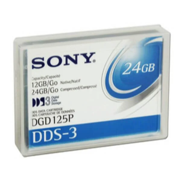 Sony 4mm DDS-3, 12/24GB
The Sony DDS-3 is a robust data cartridge that will help you archive large amounts of data for years to come.

Featuring 12 GB of native data capacity and 24 GB compressed capacity, the Sony DDS3 has been developed utilizing the latest in data storage technologies.
The Sony DDS3 offers the perfect mix of durability, reliability, and efficiency.
With the DDS-3 tape cartridge, you can execute 100 data backups (on average) and/or 2000 tape rotations.