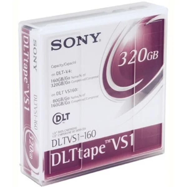 Sony DLT VS-1 (80/160) GB Tapes
With proven archival reliability the Sony DLT-VS-1 tape cartridge will take your data storage efforts to new heights.

For the DLT VS 1, Sony uses MP (metal particle) technology in a space-saving single-reel cartridge, offering a high-range capacity of 80 GB native and when compressed up to 160 GB.
Sony's DLT VS-1 precision tape manufacturing technology maximizes DLT performance, with advanced defect detection to assure high quality and an optimum head-to-tape interface.
The DLT-VS 1 tape cartridge is compatible with the DLT VS 160, DLT V 4, and the SDLT 600 and offers transfer rates of up to 10 MB per second.
Rigorously tested for optimal reliability and data integrity the DLT VS 1 by Sony provides extraordinary durability, with the latest binder system achieving a one million pass durability for longer lasting tape and reduced wear on the heads.
When handled and stored properly the DLT-VS-1 has an archival life of up to 30 years.