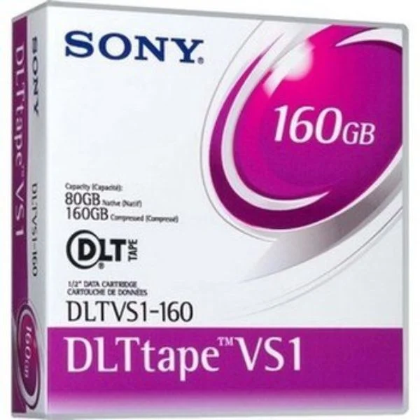 Sony DLT VS-1 (80/160) GB Tapes
With proven archival reliability the Sony DLT-VS-1 tape cartridge will take your data storage efforts to new heights.

For the DLT VS 1, Sony uses MP (metal particle) technology in a space-saving single-reel cartridge, offering a high-range capacity of 80 GB native and when compressed up to 160 GB.
Sony's DLT VS-1 precision tape manufacturing technology maximizes DLT performance, with advanced defect detection to assure high quality and an optimum head-to-tape interface.
The DLT-VS 1 tape cartridge is compatible with the DLT VS 160, DLT V 4, and the SDLT 600 and offers transfer rates of up to 10 MB per second.
Rigorously tested for optimal reliability and data integrity the DLT VS 1 by Sony provides extraordinary durability, with the latest binder system achieving a one million pass durability for longer lasting tape and reduced wear on the heads.
When handled and stored properly the DLT-VS-1 has an archival life of up to 30 years.