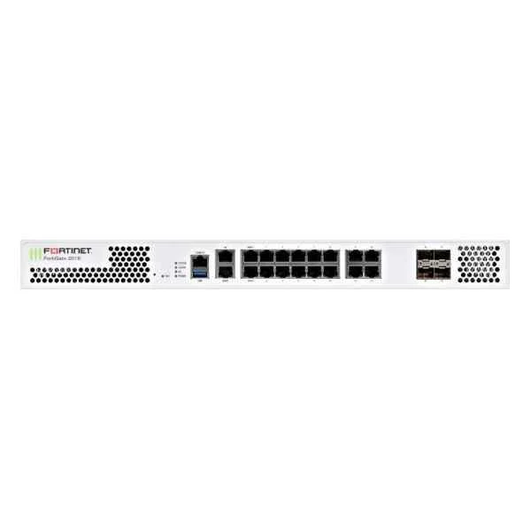 Fortinet FG-201E, 18 x GE RJ45 (including 2 x WAN ports, 1 x MGMT port, 1 X HA port, 14 x switch ports), 4 x GE SFP slots, SPU NP6Lite and CP9 hardware accelerated, 480GB onboard SSD storage.