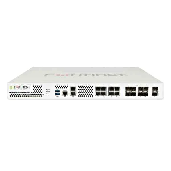 Fortinet FG-601E, 2x 10 GE SFP+ slots, 10x GE RJ45 ports (including 1x MGMT port, 1x HA port, 8x switch ports), 8x GE SFP slots, SPU NP6 and CP9 hardware accelerated, 2x 240 GB onboard SSD storage