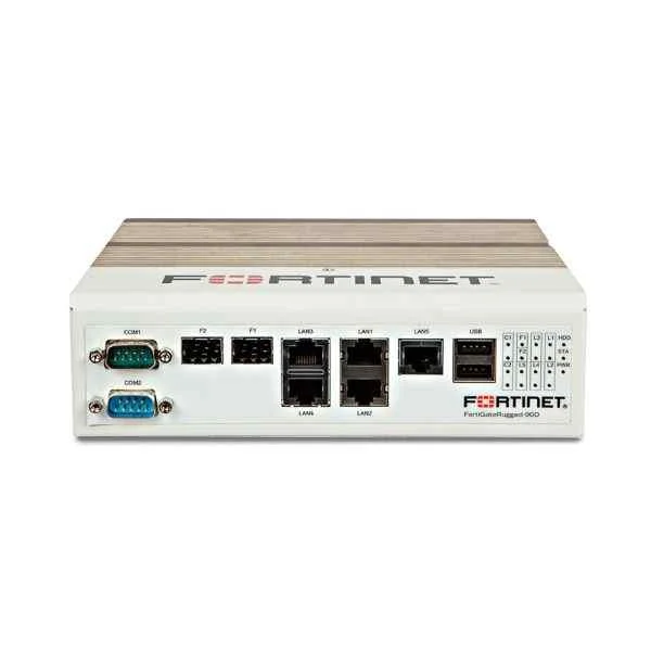 FortiGateRugged-90D, Ruggedized, 5 x GE RJ45 Switch ports (Including 1x Pair GE Bypass RJ45 ports), 2 x GE SFP slots, 2x DB9 Serial/Console. Dual power input.