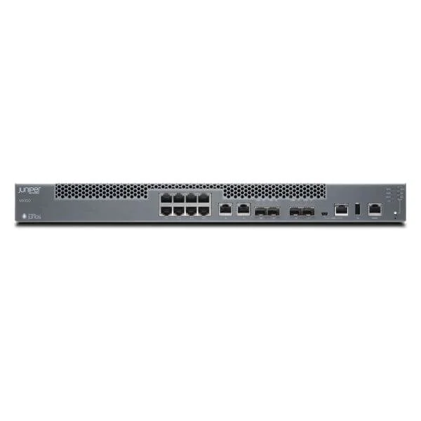 MX150 with 10 10/100/1000BASE-T ports, two 100/1000BASE-X SFP ports, and two 10GBASE-X SFP+ ports (optics sold separately), 6-core x86 processor, 400 GB SSD, and 32 GB memory. Supports basic L2 features  incl. Junos