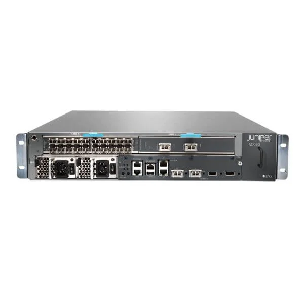 MX40 Chassis with Timing Support, Includes dual power supplies, 2 empty MIC slots, 2x10G fixed ports, S-MX80-ADV-R, S-MX80-Q & S-ACCT-JFLOW-IN-5G licenses. Power-supply cable to be ordered separately