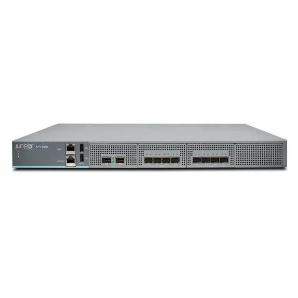 SRX4100 Services Gateway includes hardware (8x10GE, two DC PSU, four FAN Trays, cables and RMK) and Junos Software Base (Firewall, NAT, IPSec, Routing, MPLS)