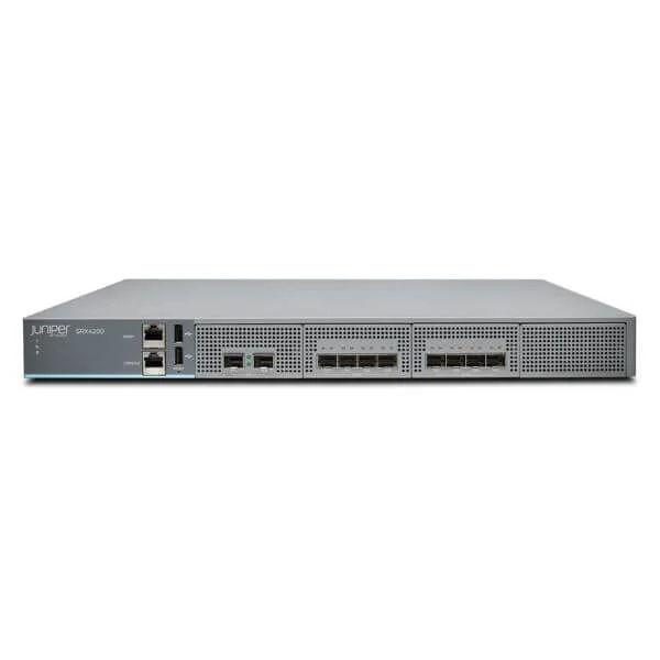SRX4200 Services Gateway includes hardware (8x10GE, two DC PSU, four FAN Trays, cables and RMK) and Junos Software Base (Firewall, NAT, IPSec, Routing, MPLS)