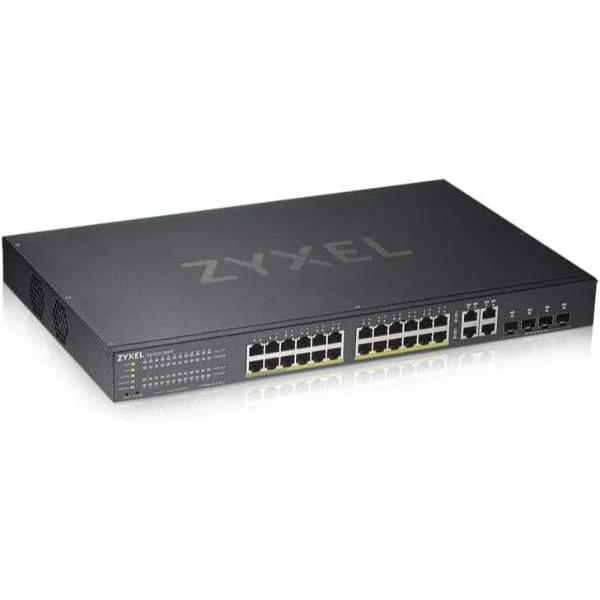 GS1920-24HPv2, 28 Port Smart Managed PoE Switch 24x Gigabit Copper PoE and 4x Gigabit dual pers., hybrid mode, standalone or NebulaFlex Cloud, 375 Watt PoE
