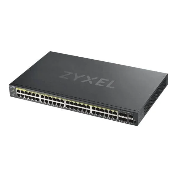 GS1920-48HPv2, 50 Port Smart Managed PoE Switch 44x Gigabit Copper PoE and 4x Gigabit dual pers., hybrid mode, standalone or NebulaFlex Cloud, 375 Watt PoE
