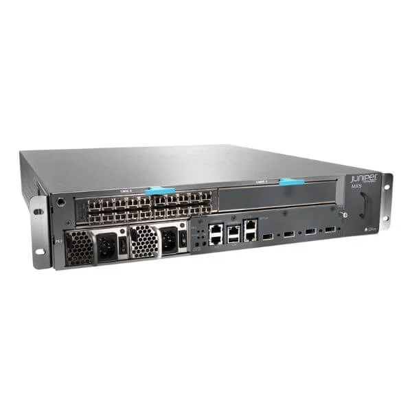 MX5 chassis with timing support€”includes dual power supplies, MIC-3D-20GE-SFP, S-MX80-ADV-R, S-MX80-Q, and S-ACCT- JFLOW-IN-5G licenses. Power supply cable needs to be ordered separately.