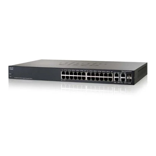 26 10/100/1000 ports (24 PoE+ ports with 180W power budget), 2 combo mini-GBIC ports